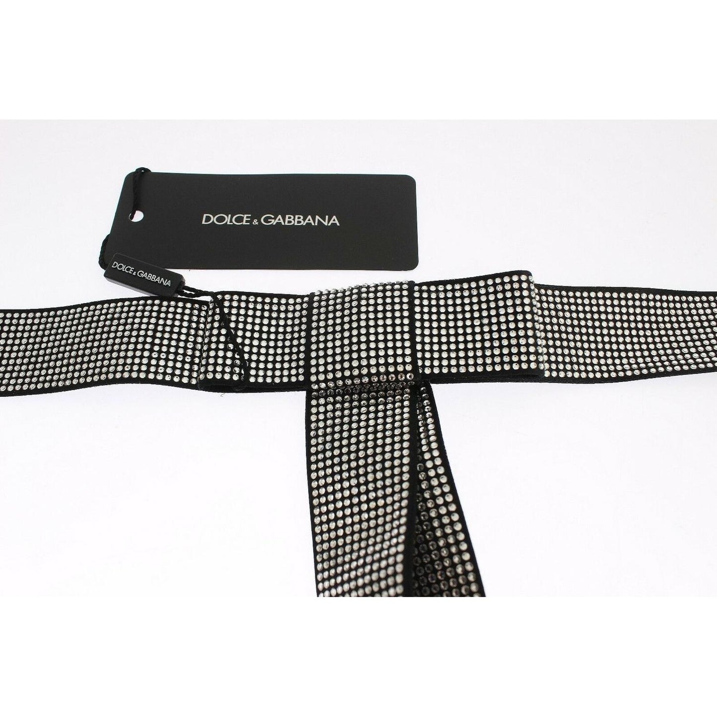 Dolce & Gabbana Black Silk Clear Crystal Bow Waist Belt NOC10069-S