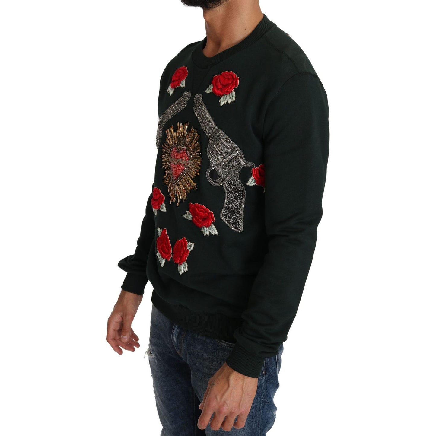 Dolce & Gabbana Green Crystal Heart Roses Gun Sweater TSH2519-46