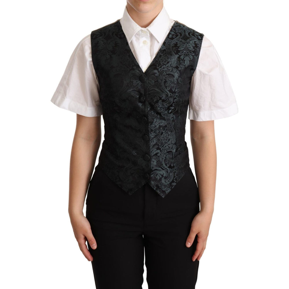 Dolce & Gabbana Black Jacquard Floral Waistcoat Vest Green TSH5979 -40