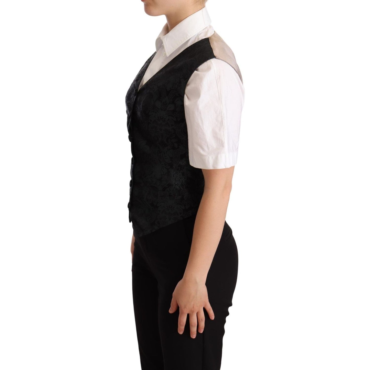 Dolce & Gabbana Black Jacquard Floral Waistcoat Vest Green TSH5979 -40