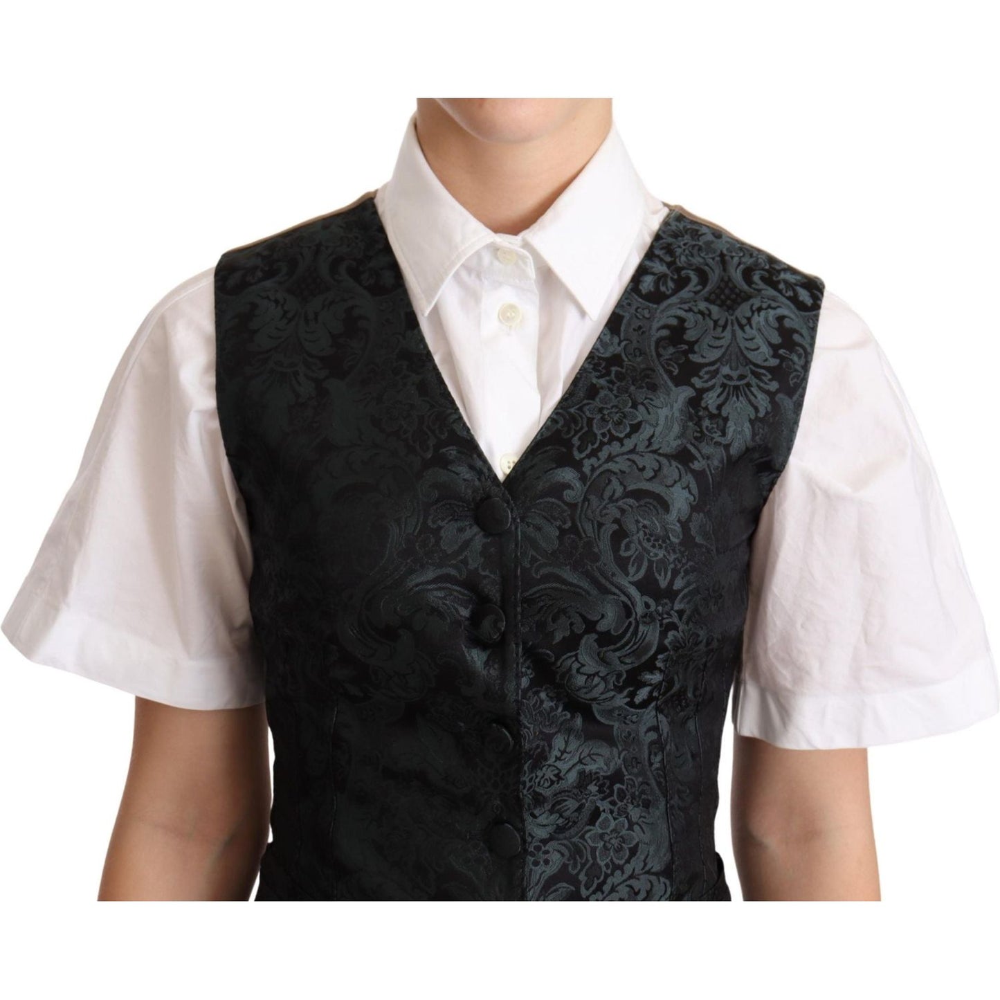 Dolce & Gabbana Black Jacquard Floral Waistcoat Vest Green TSH5979 -40