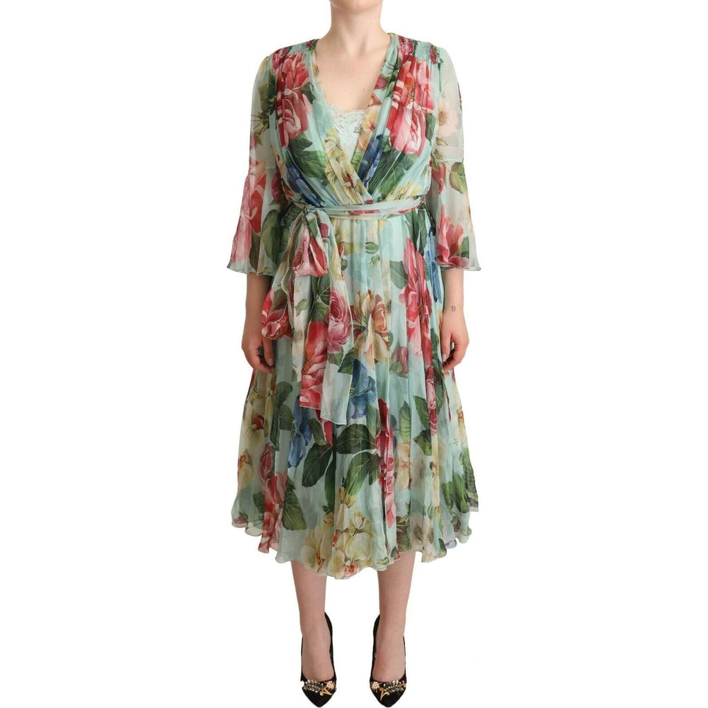 Dolce & Gabbana Green Floral Long Sleeves V-neck Midi Dress DR28273 - 42