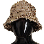 Dolce & Gabbana Gold Silk Sequin Embellished Designer Brim Bucket Hat HAT9295