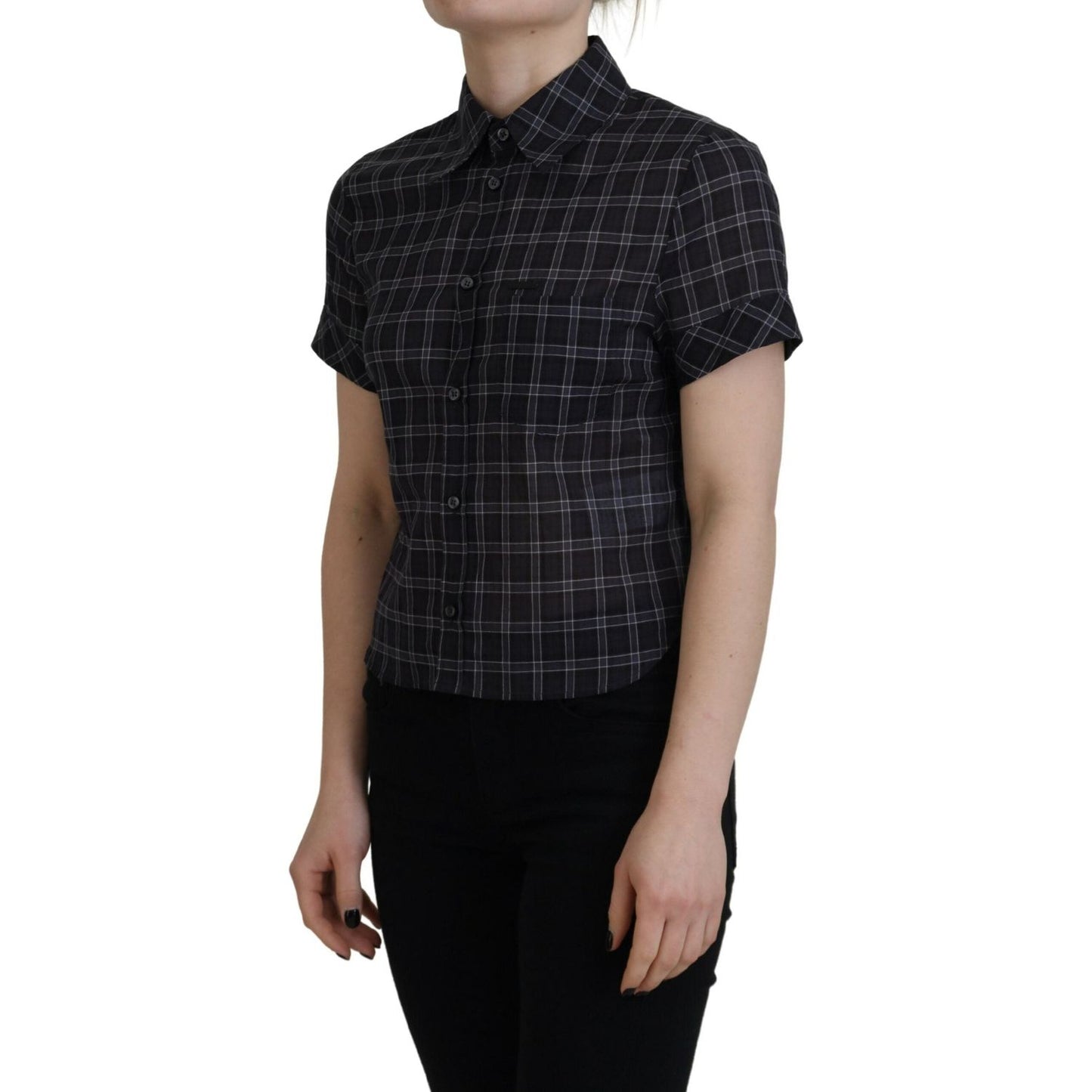 Dsquared² Black Checkered Collared Button Short Sleeves Top TSH83414-38