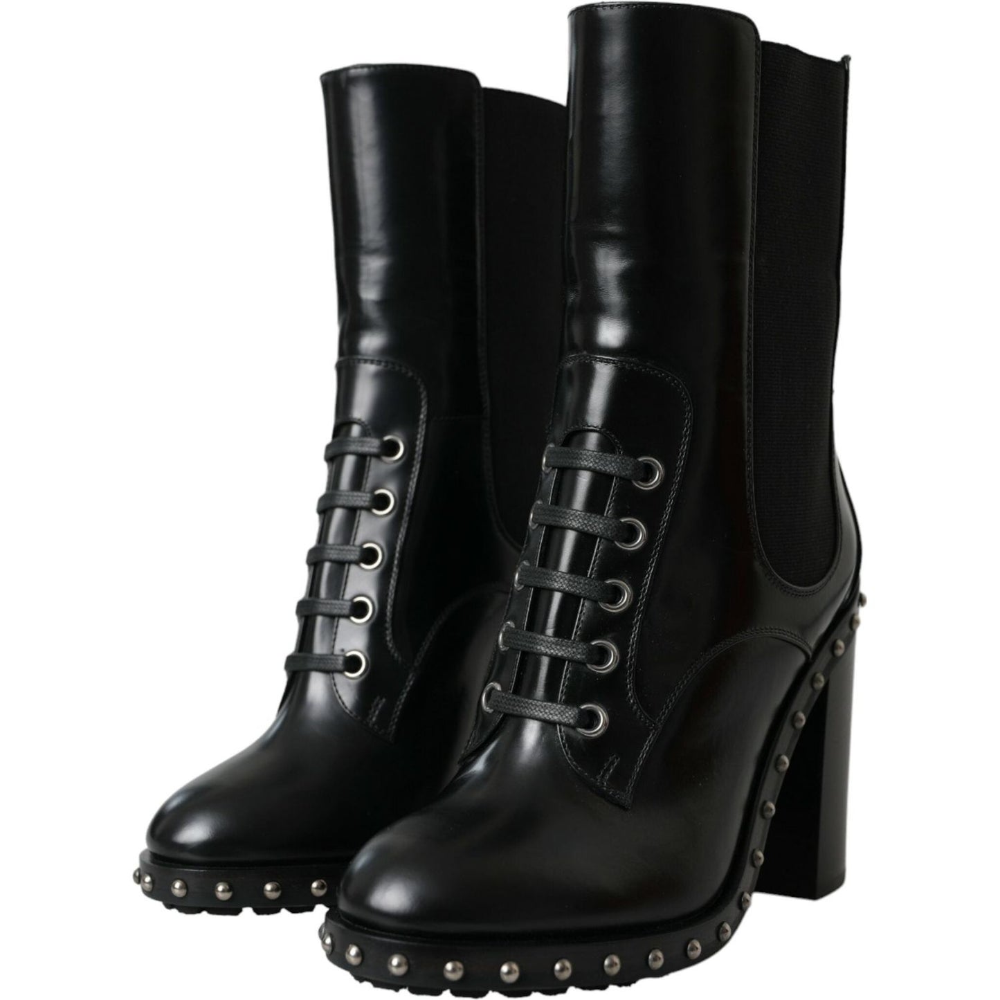 Dolce & Gabbana Black Leather Studded Lace Up Boots Shoes LA10927-36