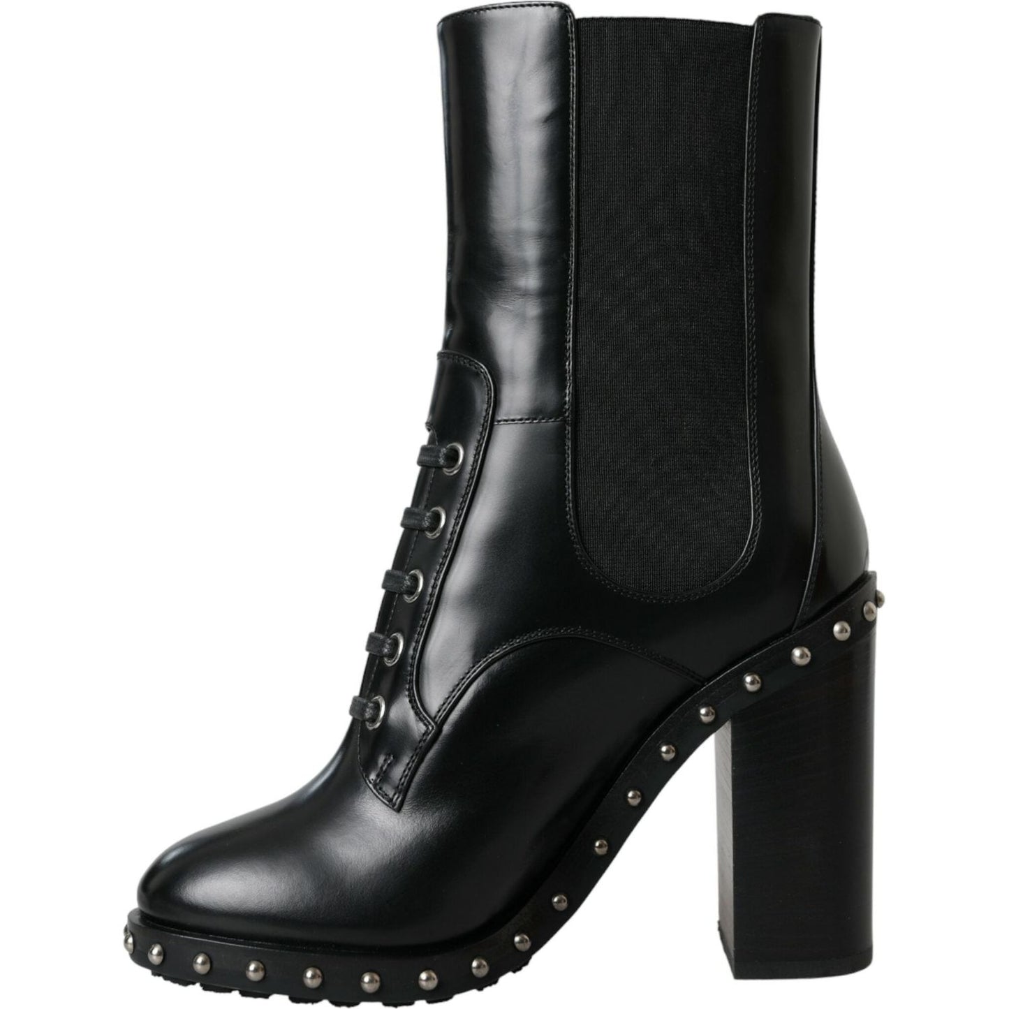 Dolce & Gabbana Black Leather Studded Lace Up Boots Shoes LA10927-36