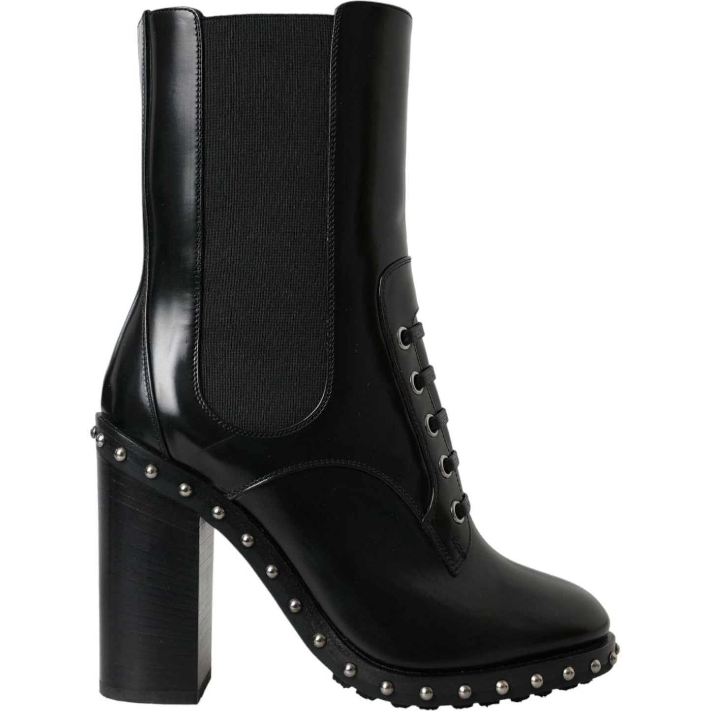 Dolce & Gabbana Black Leather Studded Lace Up Boots Shoes LA10927-36