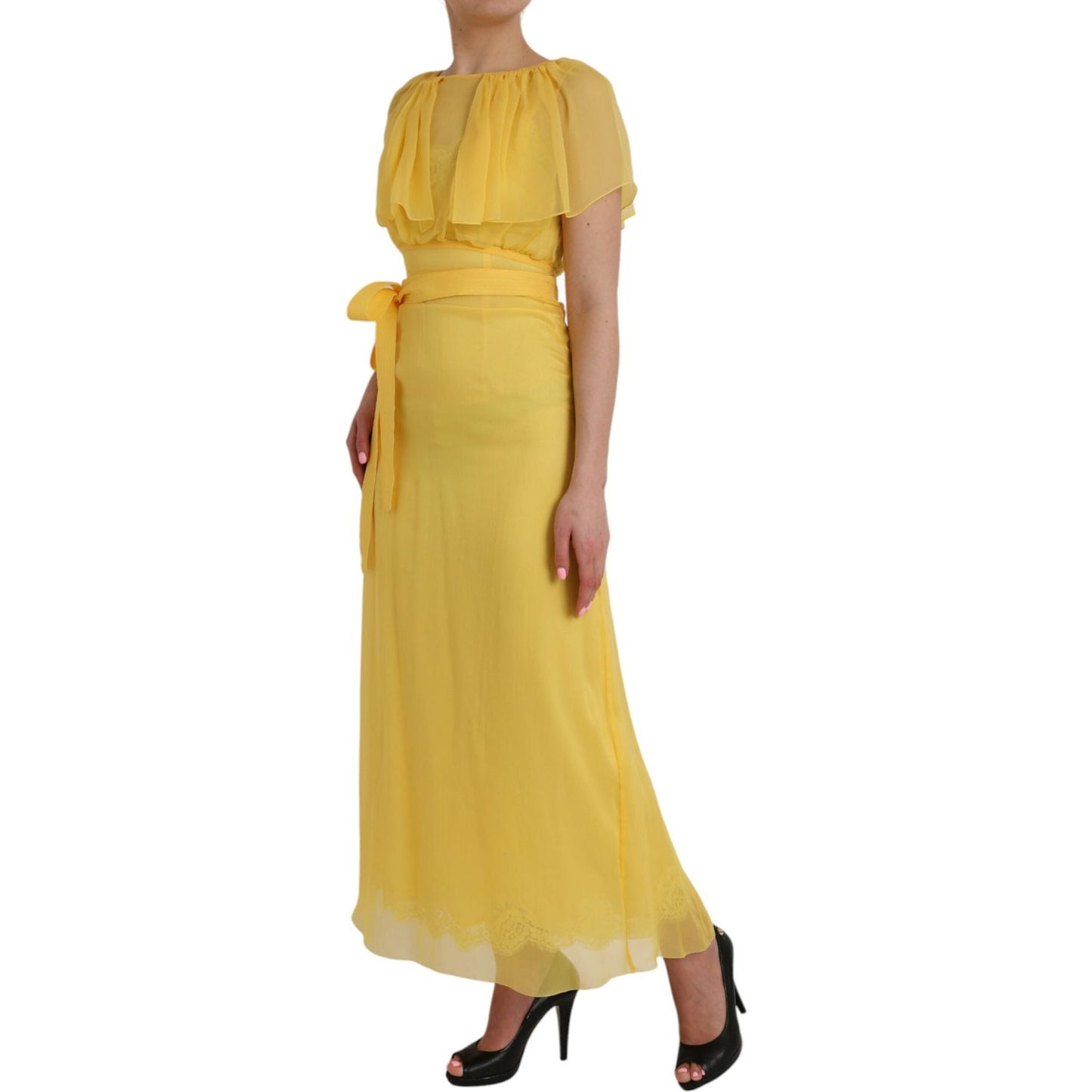 Dolce & Gabbana Yellow Silk Sheath Belted Long Maxi Dress DR281182-40