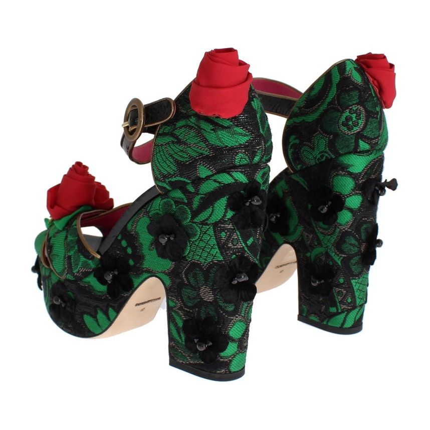Dolce & Gabbana Green Brocade Snakeskin Roses Crystal Shoes SIG17579-1