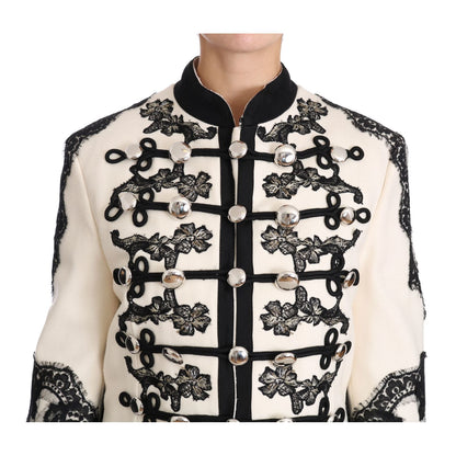 Dolce & Gabbana White Wool Black Floral Baroque Jacket 1728,2% Elastane,22% Nylon,67345645728,8% Wool,Blazers - Suits & Blazers - Clothing,Clothing,Coats - Jackets & Coats - Clothing,Dolce & Gabbana,IT36 | XS,Jackets & Coats - Clothing,Jackets & Coats - W