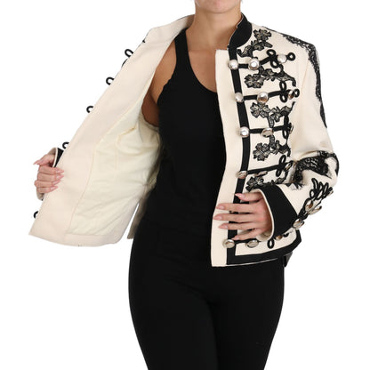 Dolce & Gabbana White Wool Black Floral Baroque Jacket 1728,2% Elastane,22% Nylon,67345645728,8% Wool,Blazers - Suits & Blazers - Clothing,Clothing,Coats - Jackets & Coats - Clothing,Dolce & Gabbana,IT36 | XS,Jackets & Coats - Clothing,Jackets & Coats - W