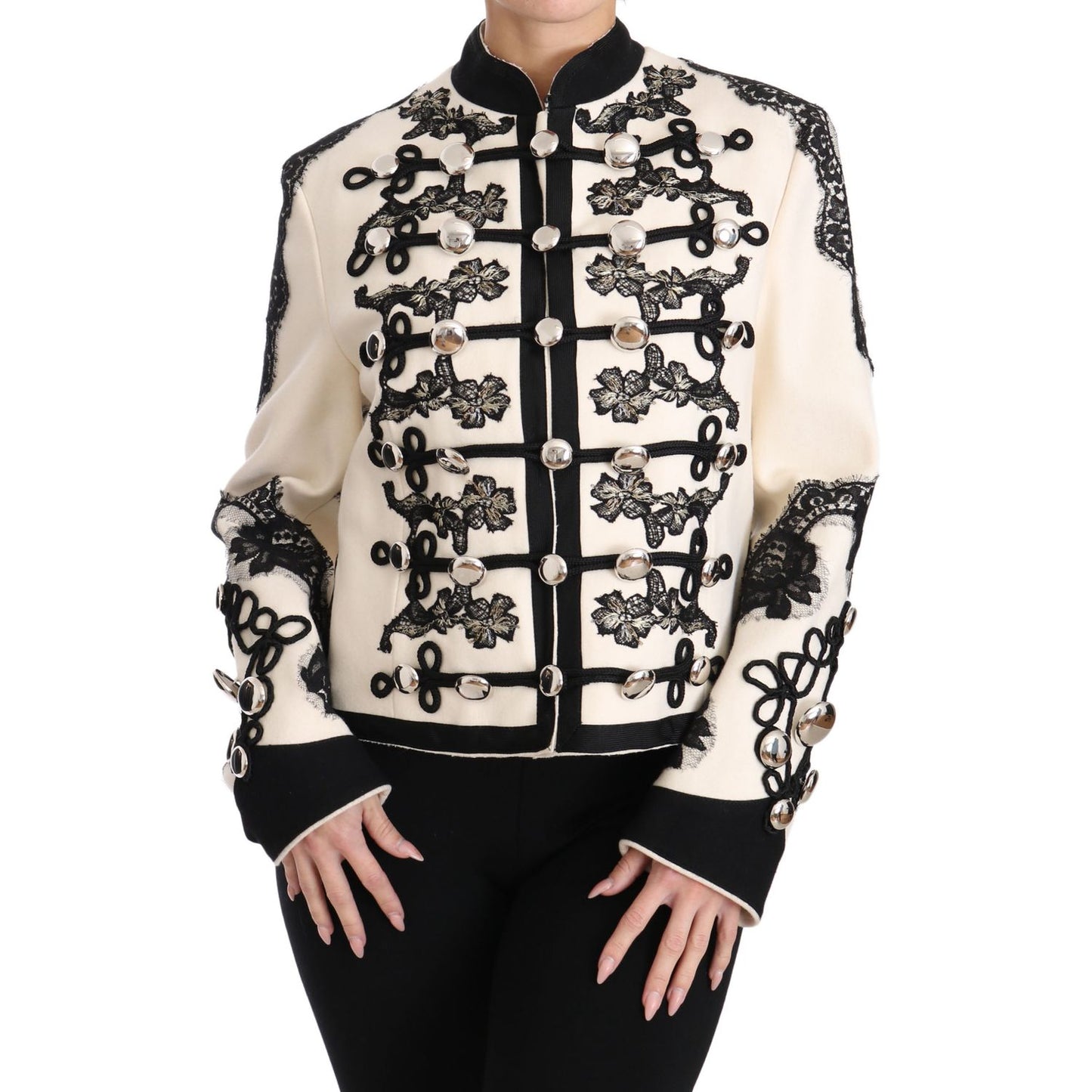 Dolce & Gabbana White Wool Black Floral Baroque Jacket 1728,2% Elastane,22% Nylon,67345645728,8% Wool,Blazers - Suits & Blazers - Clothing,Clothing,Coats - Jackets & Coats - Clothing,Dolce & Gabbana,IT36 | XS,Jackets & Coats - Clothing,Jackets & Coats - W