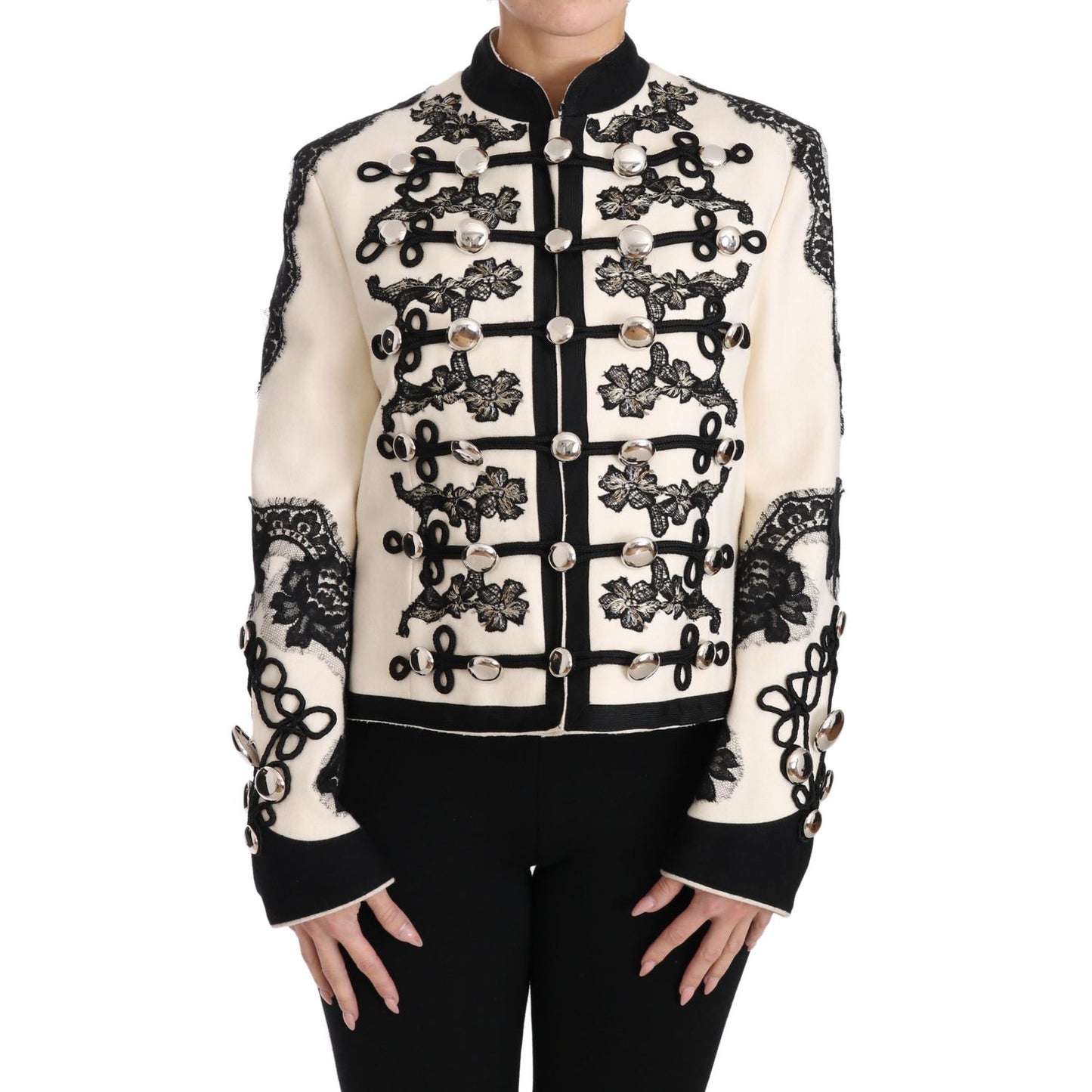 Dolce & Gabbana White Wool Black Floral Baroque Jacket 1728,2% Elastane,22% Nylon,67345645728,8% Wool,Blazers - Suits & Blazers - Clothing,Clothing,Coats - Jackets & Coats - Clothing,Dolce & Gabbana,IT36 | XS,Jackets & Coats - Clothing,Jackets & Coats - W