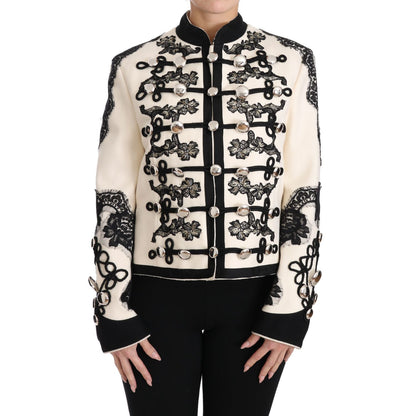 Dolce & Gabbana White Wool Black Floral Baroque Jacket 1728,2% Elastane,22% Nylon,67345645728,8% Wool,Blazers - Suits & Blazers - Clothing,Clothing,Coats - Jackets & Coats - Clothing,Dolce & Gabbana,IT36 | XS,Jackets & Coats - Clothing,Jackets & Coats - W