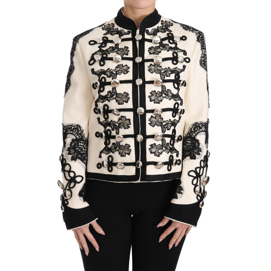 Dolce & Gabbana White Wool Black Floral Baroque Jacket 1728,2% Elastane,22% Nylon,67345645728,8% Wool,Blazers - Suits & Blazers - Clothing,Clothing,Coats - Jackets & Coats - Clothing,Dolce & Gabbana,IT36 | XS,Jackets & Coats - Clothing,Jackets & Coats - W
