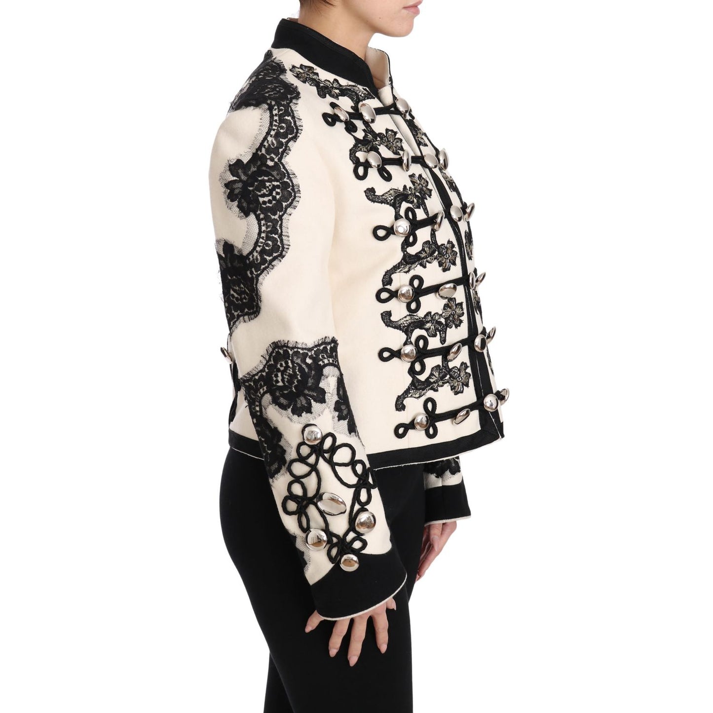 Dolce & Gabbana White Wool Black Floral Baroque Jacket 1728,2% Elastane,22% Nylon,67345645728,8% Wool,Blazers - Suits & Blazers - Clothing,Clothing,Coats - Jackets & Coats - Clothing,Dolce & Gabbana,IT36 | XS,Jackets & Coats - Clothing,Jackets & Coats - W