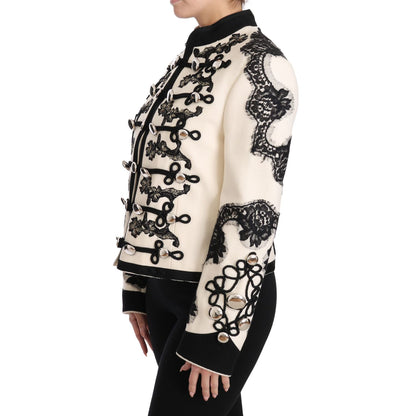Dolce & Gabbana White Wool Black Floral Baroque Jacket 1728,2% Elastane,22% Nylon,67345645728,8% Wool,Blazers - Suits & Blazers - Clothing,Clothing,Coats - Jackets & Coats - Clothing,Dolce & Gabbana,IT36 | XS,Jackets & Coats - Clothing,Jackets & Coats - W