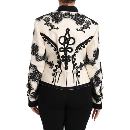 Dolce & Gabbana White Wool Black Floral Baroque Jacket 1728,2% Elastane,22% Nylon,67345645728,8% Wool,Blazers - Suits & Blazers - Clothing,Clothing,Coats - Jackets & Coats - Clothing,Dolce & Gabbana,IT36 | XS,Jackets & Coats - Clothing,Jackets & Coats - W