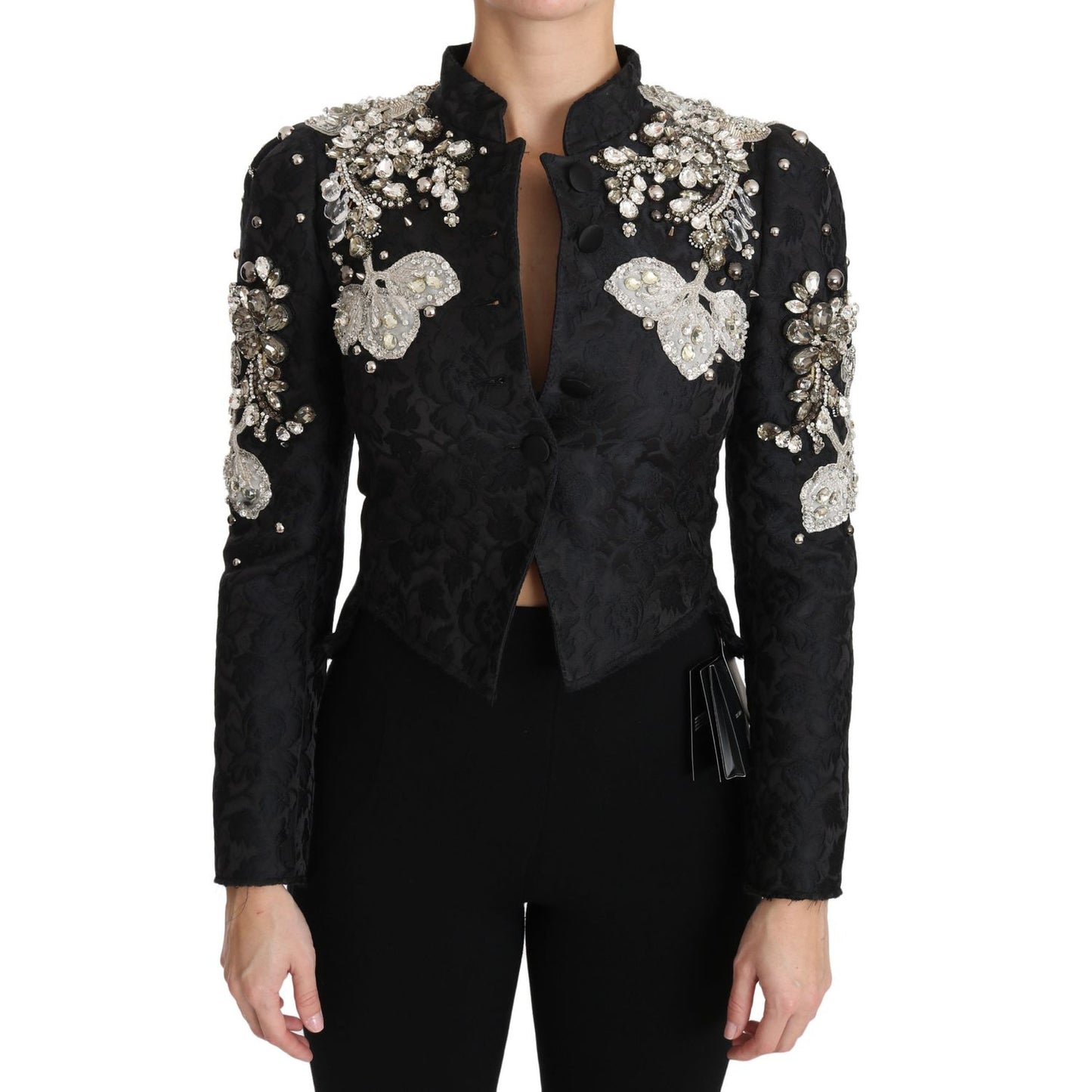 Dolce & Gabbana Black Jacquard Crystal Floral Jacket 1728,28% Silk,47% PL,67345645728,Black,Blazers - Suits & Blazers - Clothing,Clothing,Coats - Jackets & Coats - Clothing,Dolce & Gabbana,IT38|XS,Jackets & Coats - Clothing,Jackets & Coats - Women - Cloth
