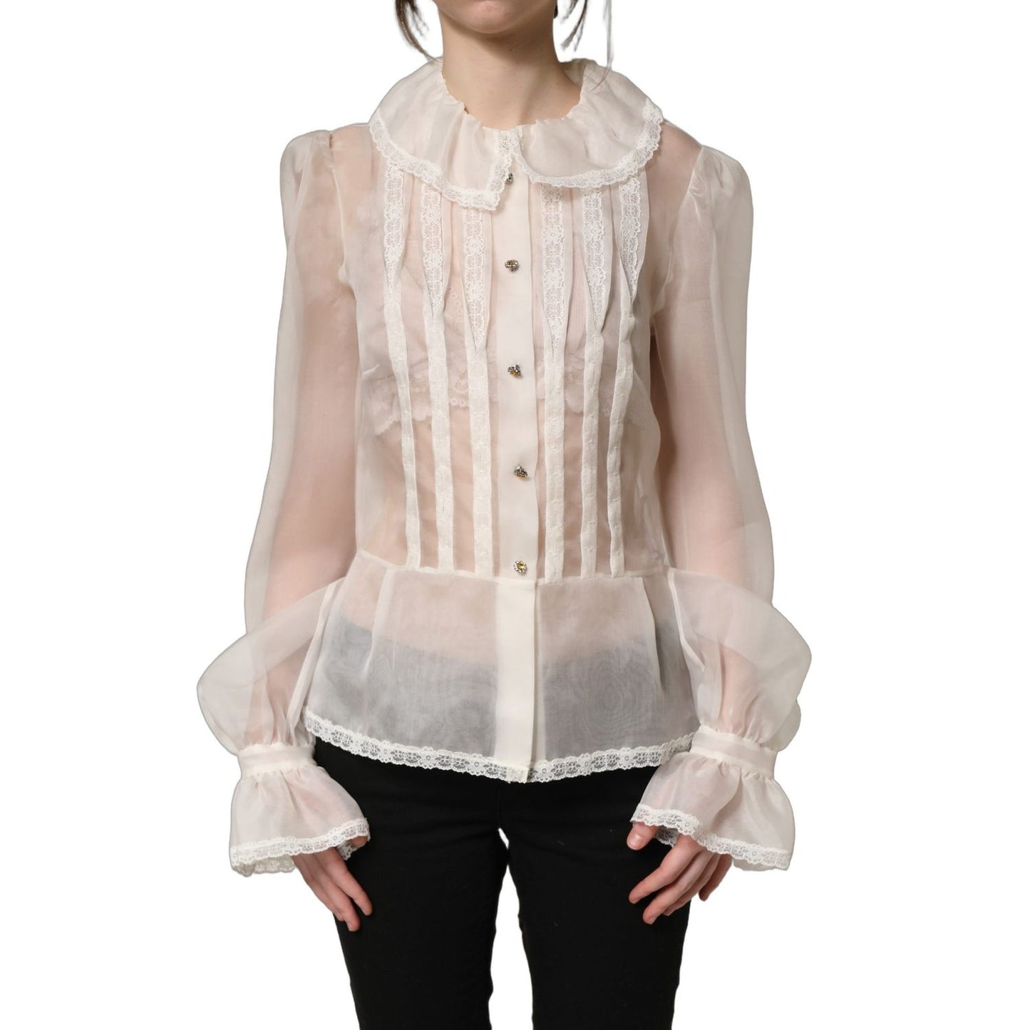 Dolce & Gabbana White Ruffled Sheer Silk Buttoned Blouse Top