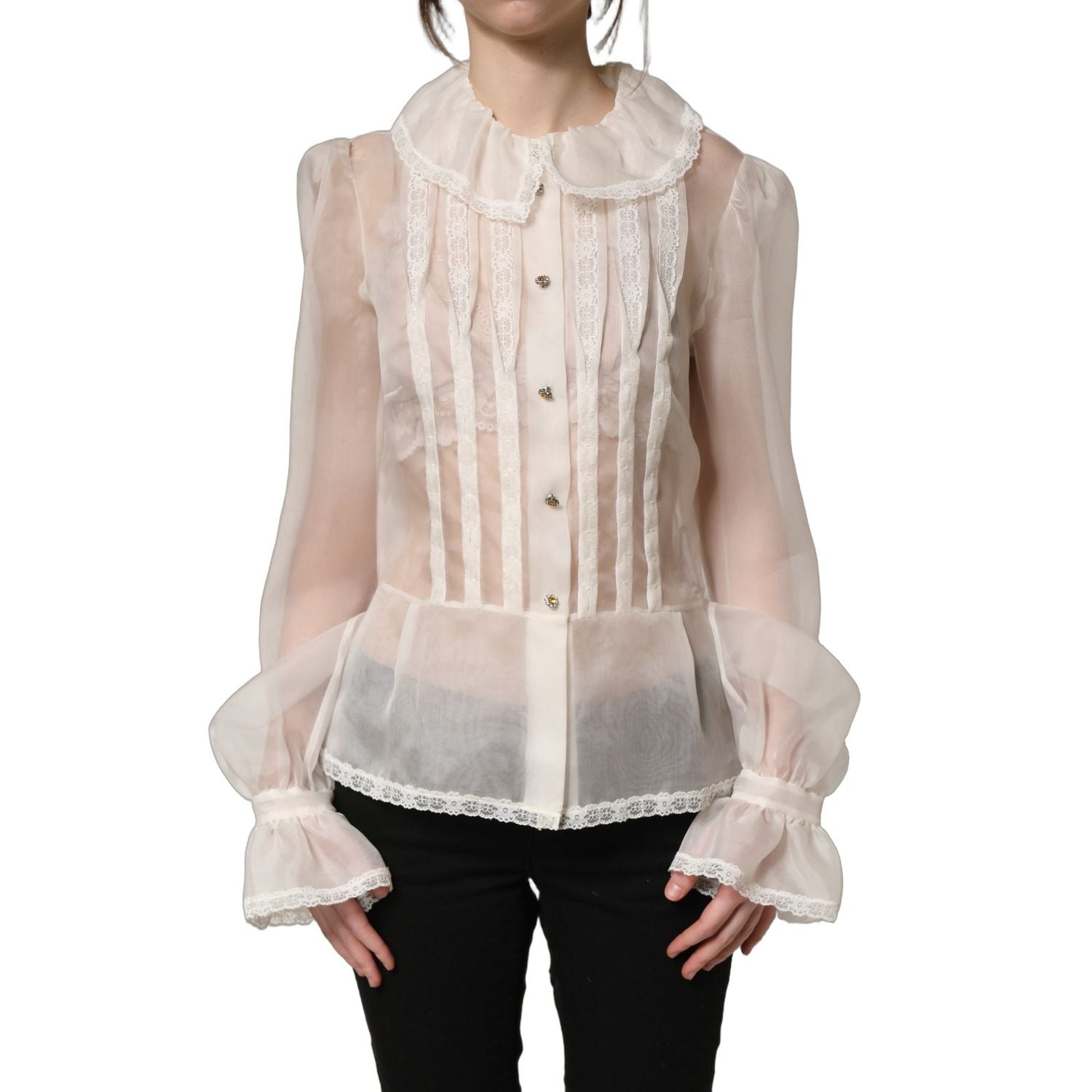 Dolce & Gabbana White Ruffled Sheer Silk Buttoned Blouse Top