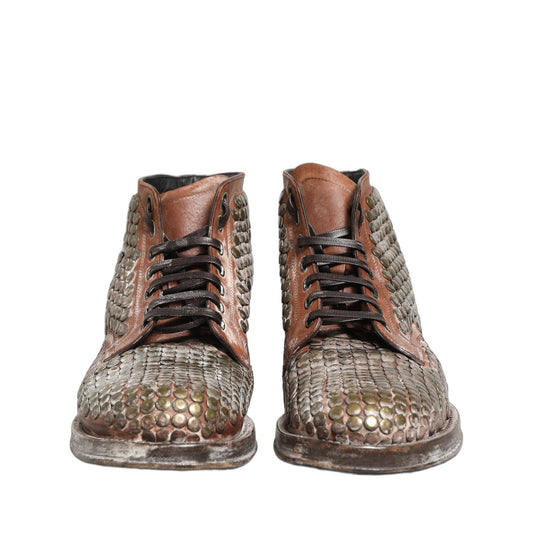 Dolce & Gabbana Brown Leather Runway Studs Ankle Boots Shoes