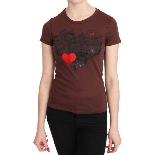 Exte Brown Hearts Printed Round Neck T-shirt Top1728,67345645728,Brown,Clothing,Exte,IT42|M,Material: 65% Polyester 35% Cotton,New with tags,T-Shirts - Clothing,T-Shirts - T-Shirts - Clothing,Tops & T-Shirts - Women - Clothing,Women,Women - Clothing