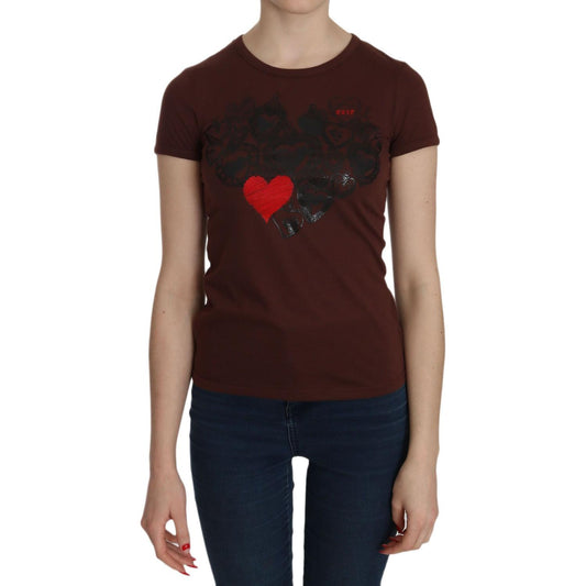 Exte Brown Heart Print Crew Neck T-shirt Short Sleeve Blouse1728,67345645728,Brown,Clothing,Exte,IT42|M,Material: 65% Polyester 35% Cotton,New with tags,T-Shirts - Clothing,T-Shirts - T-Shirts - Clothing,Tops & T-Shirts - Women - Clothing,Women,Women - Cl