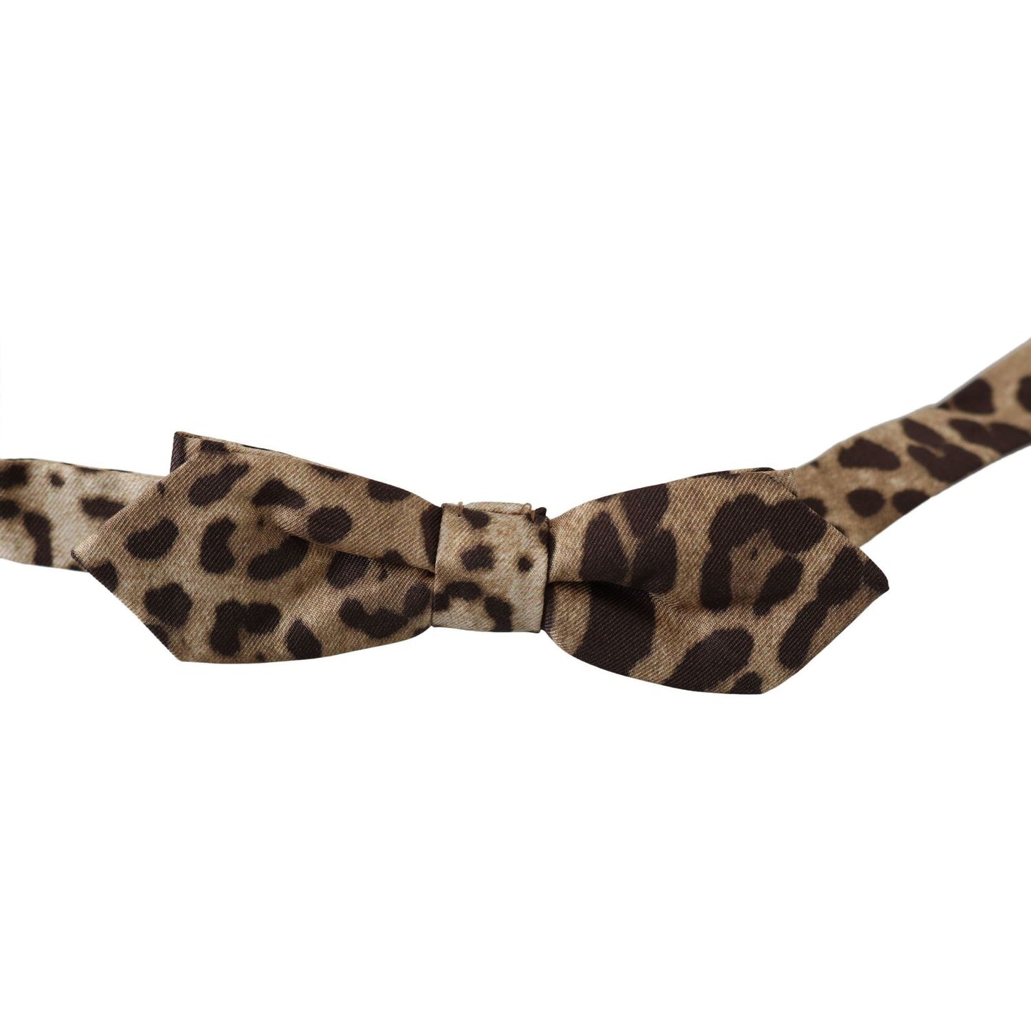Dolce & Gabbana brown leopard silk bow tie with adjustable neck strap, made in Italy, displayed flat on a white background.
