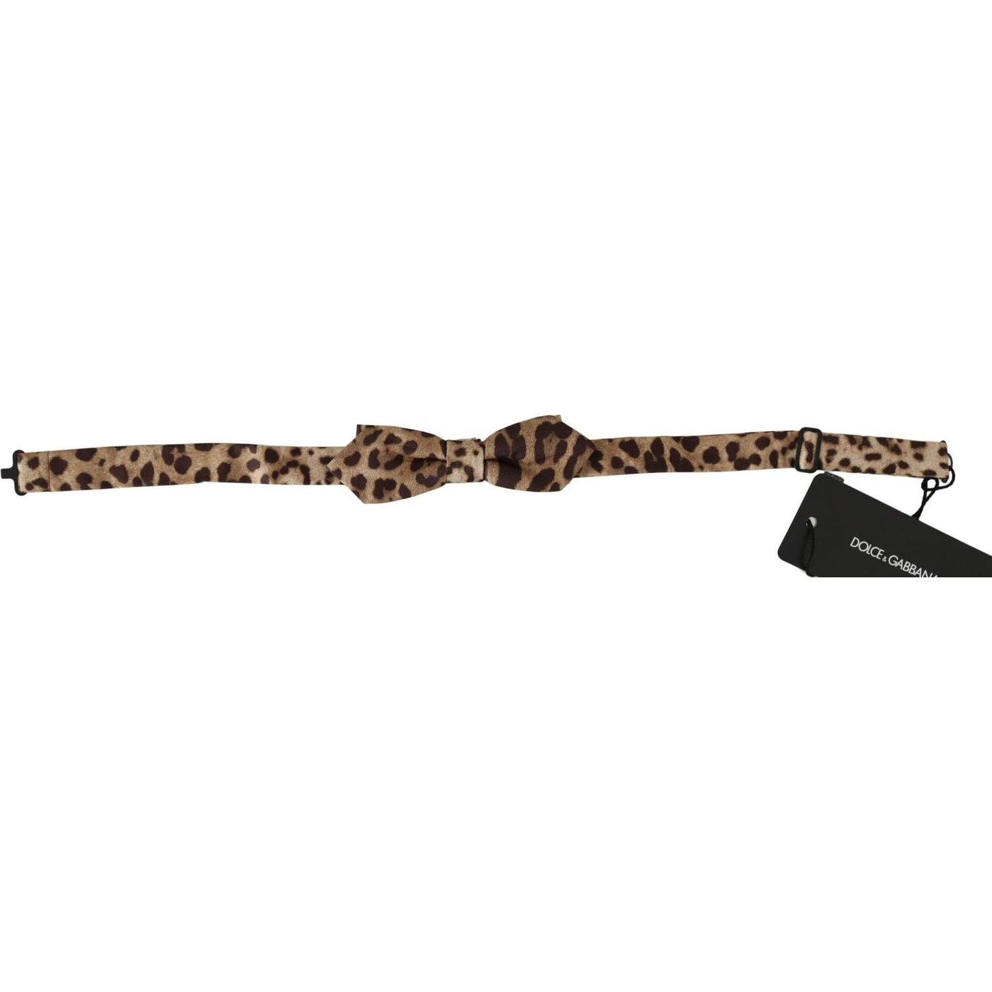 Dolce & Gabbana brown leopard silk bow tie with adjustable neck strap, made in Italy. Luxurious men's fashion accessory.