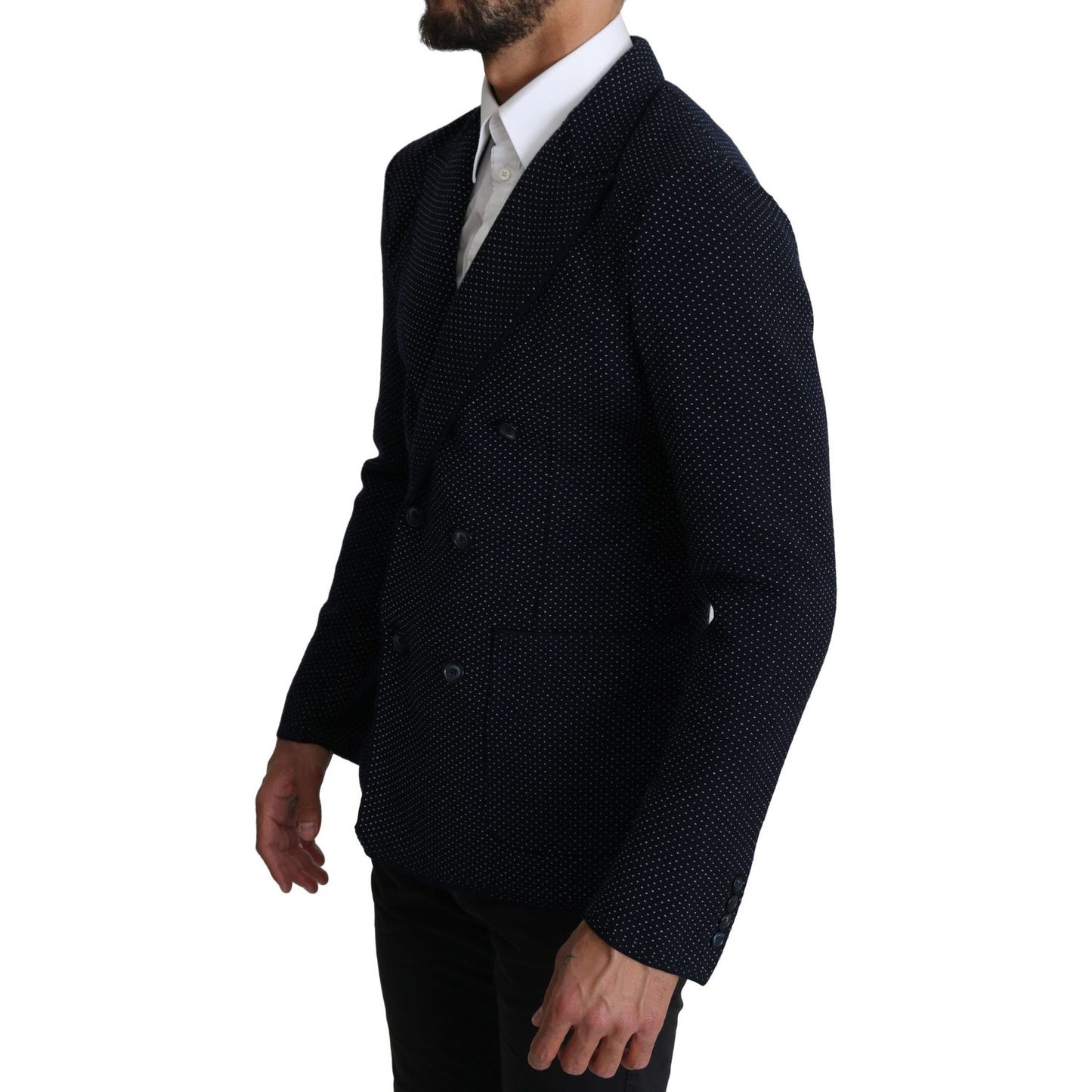 Dolce & Gabbana Dark Blue Dotted Double Breasted Coat Blazer1728,67345645728,Blazers - Men - Clothing,Blazers - Suits & Blazers - Clothing,Blue,Clothing,Dolce & Gabbana,IT50 | L,Material: 58% Virgin Wool 37% Silk 4% Nylon 1% Elastane,Men,Men - Clothing,Ne