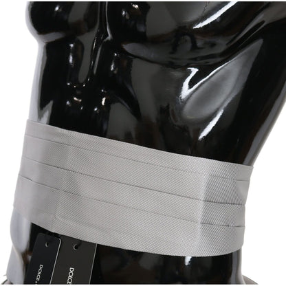 Dolce Gabbana silk cummerbund in gray, 100% silk, adjustable hook clip closure, stretch band, logo details, made in Italy.