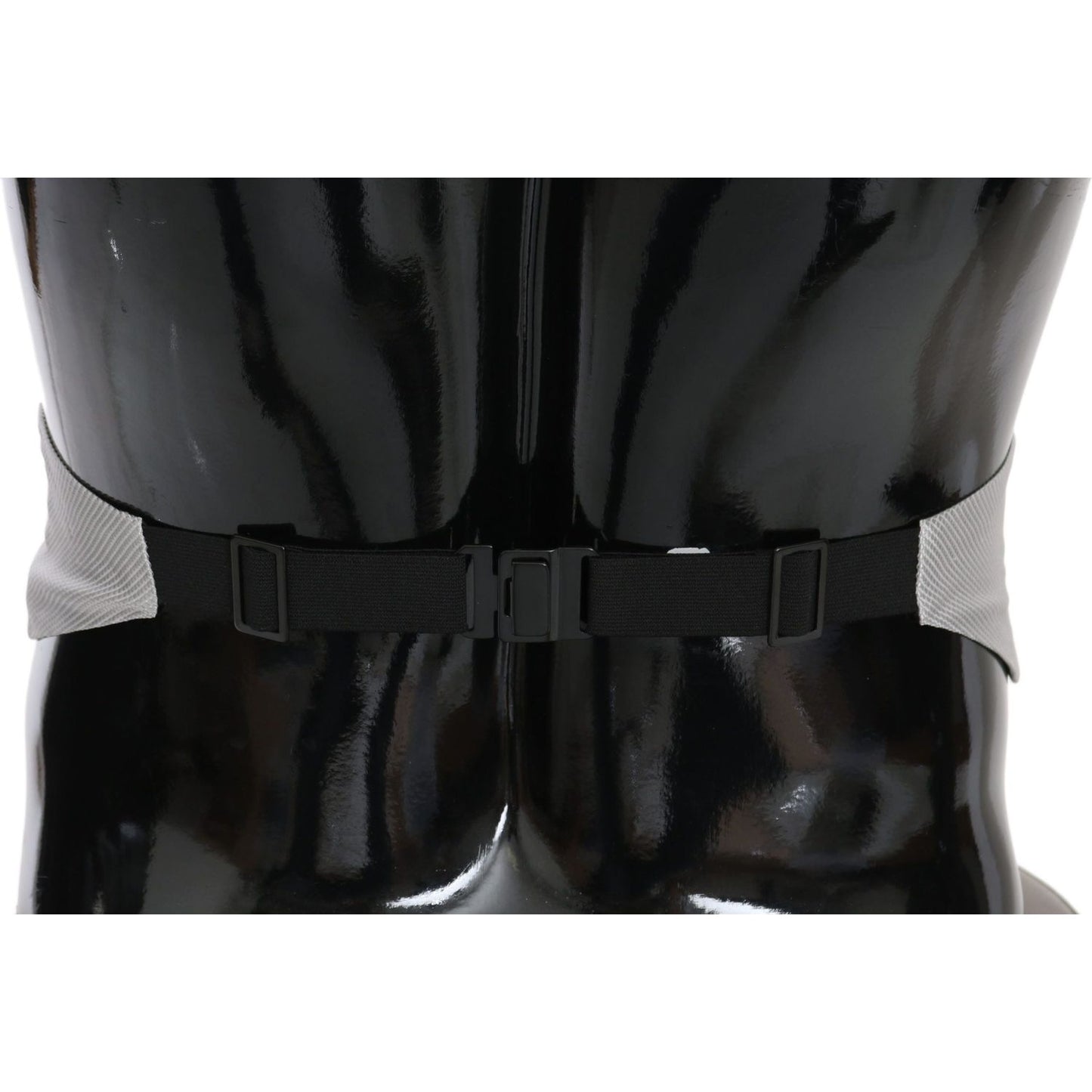 Back view of Dolce Gabbana silk cummerbund in gray, featuring adjustable hook clip closure on a mannequin.
