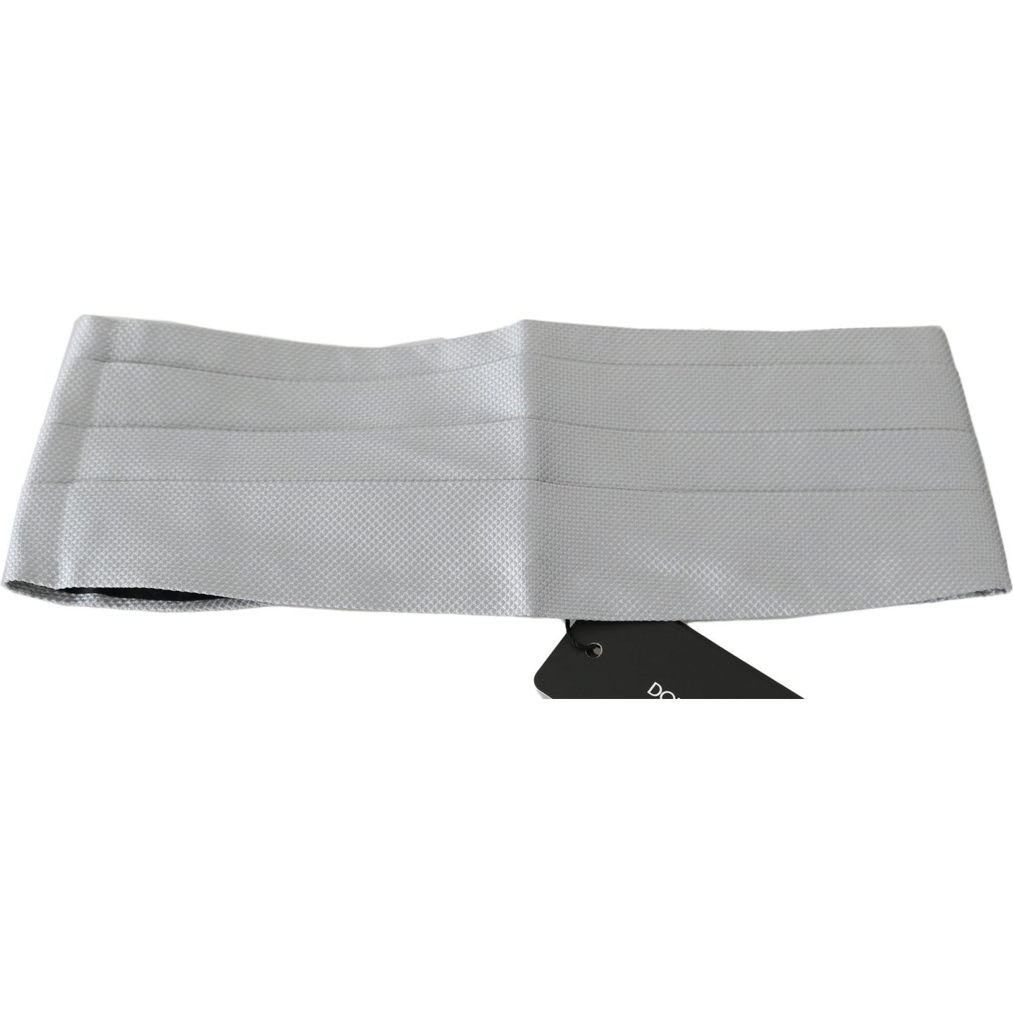 Dolce Gabbana silk cummerbund in gray, made of 100% silk, adjustable with a hook clip closure, featuring logo details and made in Italy.