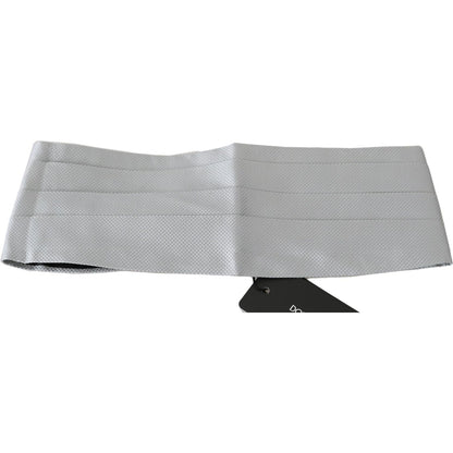 Dolce Gabbana silk cummerbund in gray, made of 100% silk, adjustable with a hook clip closure, featuring logo details and made in Italy.