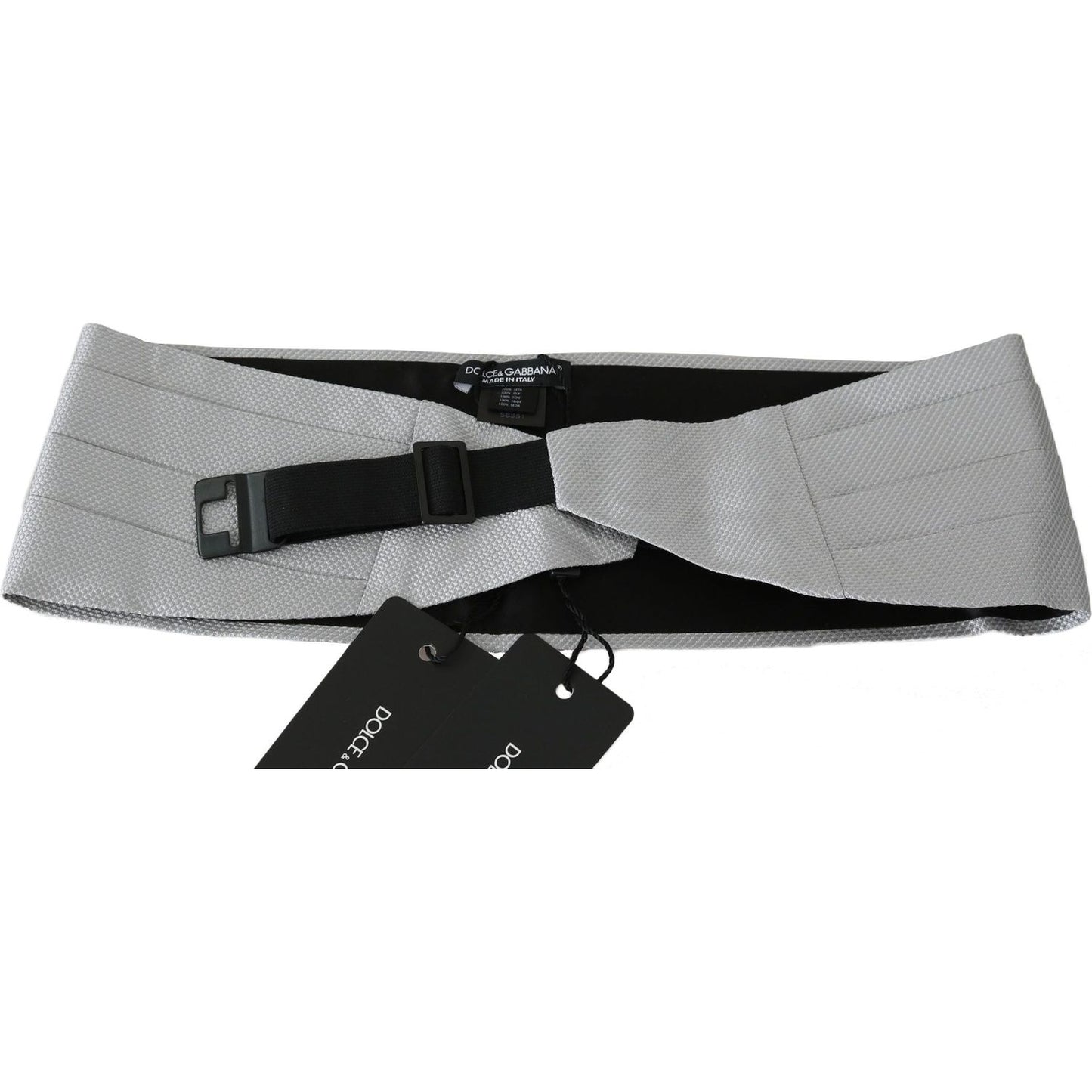 Dolce Gabbana silk cummerbund in gray with adjustable clip, 100% silk material, featuring logo details and stretch band, made in Italy.