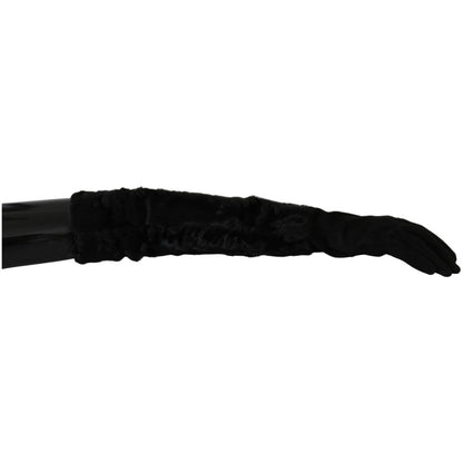 Dolce & Gabbana Black Elbow Length Mitten Suede Fur Gloves 1728,67345645728,7.5|S,Accessories,Black,Dolce & Gabbana,Fur,Gloves - Accessories,Gloves - Women - Accessories,Material: Suede,New with tags,Women,Women - Accessories