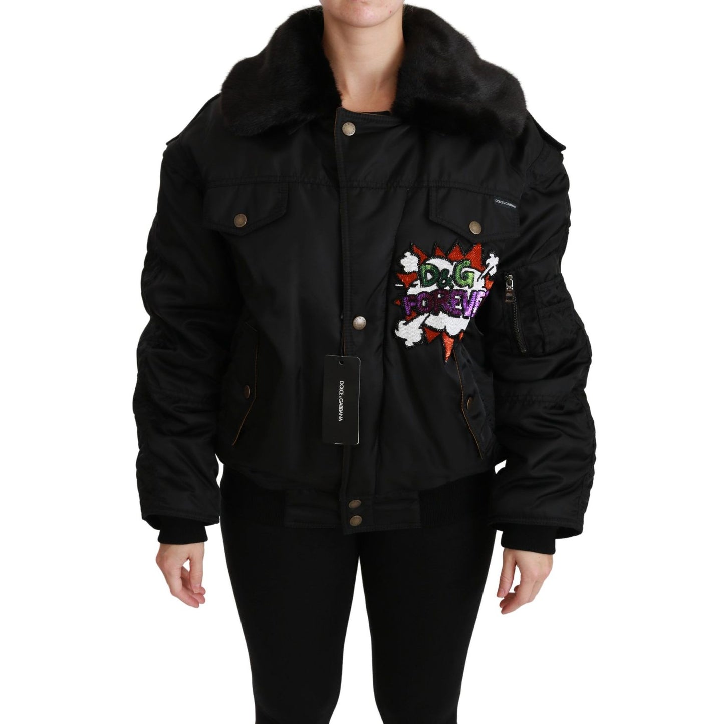 Dolce & Gabbana Black Queen Crown Sequined Bomber Jacket