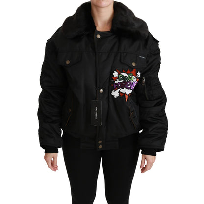 Dolce & Gabbana Black Queen Crown Sequined Bomber Jacket