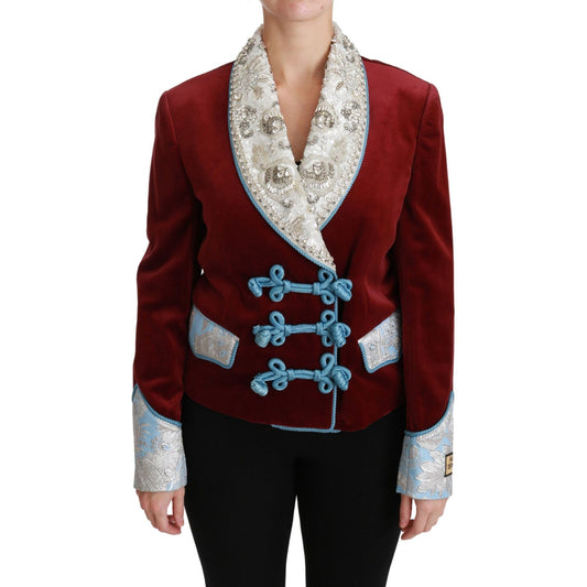 Dolce & Gabbana Red Velvet Baroque Crystal Blazer Jacket 1728,3% Acrylic (velvet),3% Metal,3% Silk,6% Acetate,67345645728,7% Nylon,7% Rayon,Blazers - Suits & Blazers - Clothing,Clothing,Dolce & Gabbana,IT38|XS,IT40|S,IT42|M,IT44|L,Jackets & Coats - Clothi
