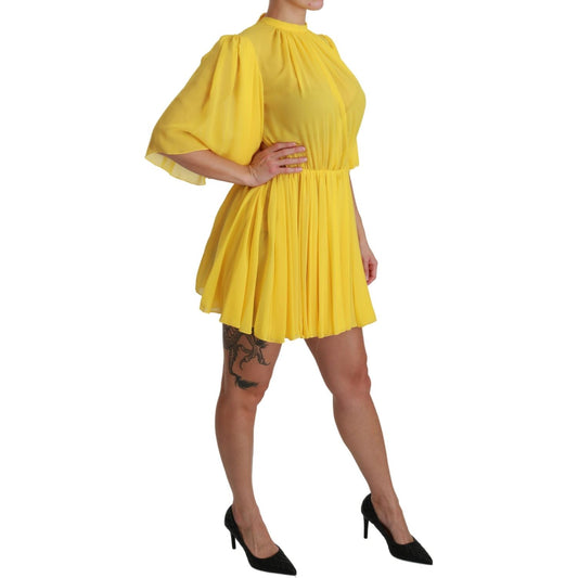 Dolce & Gabbana Yellow Pleated A-line Mini 100% Silk Dress DR2516-40