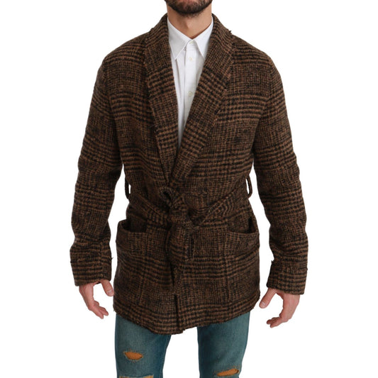 Dolce & Gabbana Brown Checkered Wool Robe Coat Wrap Jacket1728,67345645728,Brown,Clothing,Coats - Jackets & Coats - Clothing,Dolce & Gabbana,IT44 | XS,IT46 | S,IT48 | M,Jackets & Coats - Clothing,Jackets - Men - Clothing,Material: 12% Nylon 52% Wool 36% A