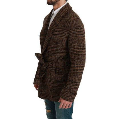 Dolce & Gabbana Brown Checkered Wool Robe Coat Wrap Jacket1728,67345645728,Brown,Clothing,Coats - Jackets & Coats - Clothing,Dolce & Gabbana,IT44 | XS,IT46 | S,IT48 | M,Jackets & Coats - Clothing,Jackets - Men - Clothing,Material: 12% Nylon 52% Wool 36% A