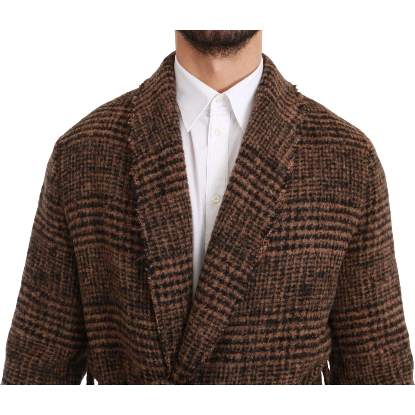 Dolce & Gabbana Brown Checkered Wool Robe Coat Wrap Jacket1728,67345645728,Brown,Clothing,Coats - Jackets & Coats - Clothing,Dolce & Gabbana,IT44 | XS,IT46 | S,IT48 | M,Jackets & Coats - Clothing,Jackets - Men - Clothing,Material: 12% Nylon 52% Wool 36% A