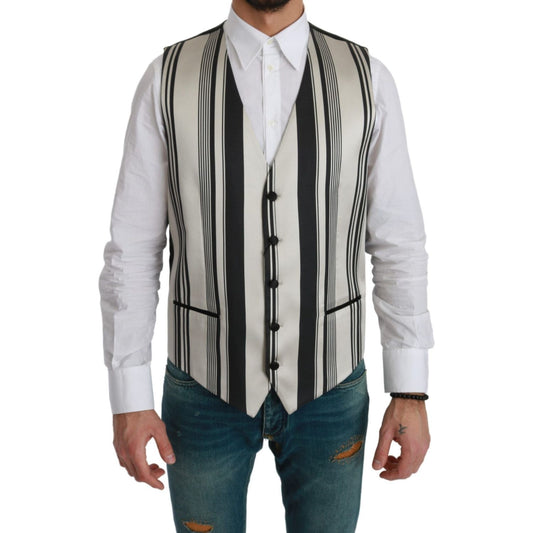 Dolce & Gabbana White Black Stripes Waistcoat Formal Vest1728,67345645728,Black,Clothing,Dolce & Gabbana,IT48 | M,Material: 70% Cotton 30% Silk,Men,Men - Clothing,New with tags,Suits & Blazers - Clothing,Vests - Men - Clothing,Waistcoats - Suits & Blazers