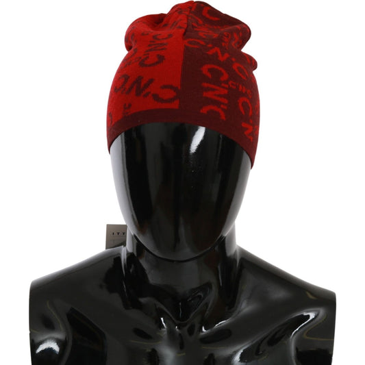 Costume National Red Wool Blend Branded Beanie Hat
