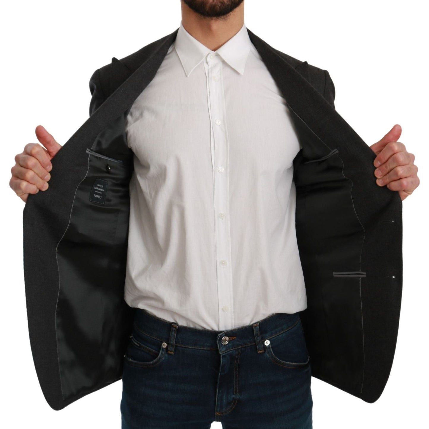 Dolce & Gabbana Gray NAPOLI Slim Fit Jacket Wool Blazer1728,67345645728,Blazers - Men - Clothing,Blazers - Suits & Blazers - Clothing,Clothing,Dolce & Gabbana,Gray,IT46 | S,Material: 88% Wool 8% Nylon 3% Cashmere 1% Elastane,Men,Men - Clothing,New with ta