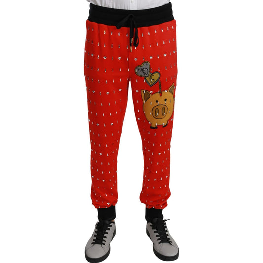 Dolce & Gabbana Red Piggy Bank Cotton Crystal Trousers Pants1728,67345645728,Clothing,Dolce & Gabbana,IT44 | XS,IT46 | S,IT48 | M,Jeans & Pants - Men - Clothing,Joggers (workout pants) - Sportswear - Clothing,Material: 100% Cotton,Men,Men - Clothing,New w