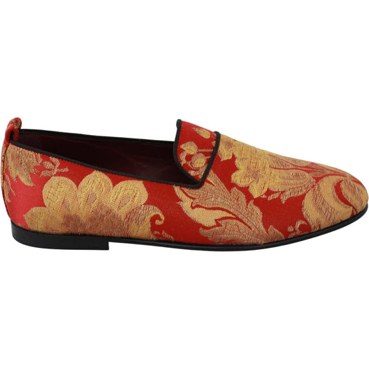 Dolce & Gabbana Red Gold Brocade Slippers Loafers Shoes1728,19% linen,2% Metal Fiber,25% Acetate,25% Rayon,67345645728,Dolce & Gabbana,EU39/US6,EU43/US10,Loafers - Men - Shoes,Loafers - Shoes,Material: 17% Silk,Men,Men - Shoes,New with tags,Rose Gold,Shoe