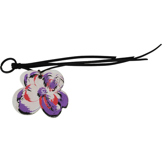 Costume National leather keychain with white leather butterfly logo and black strap, designed by C'N'C, features metal hardware, made in Italy.